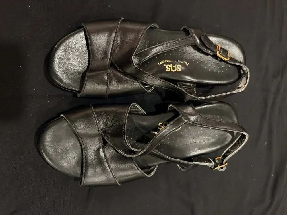 SAS Caress Cross Strap Wedge Sandal Black Leather Tripad Comfort